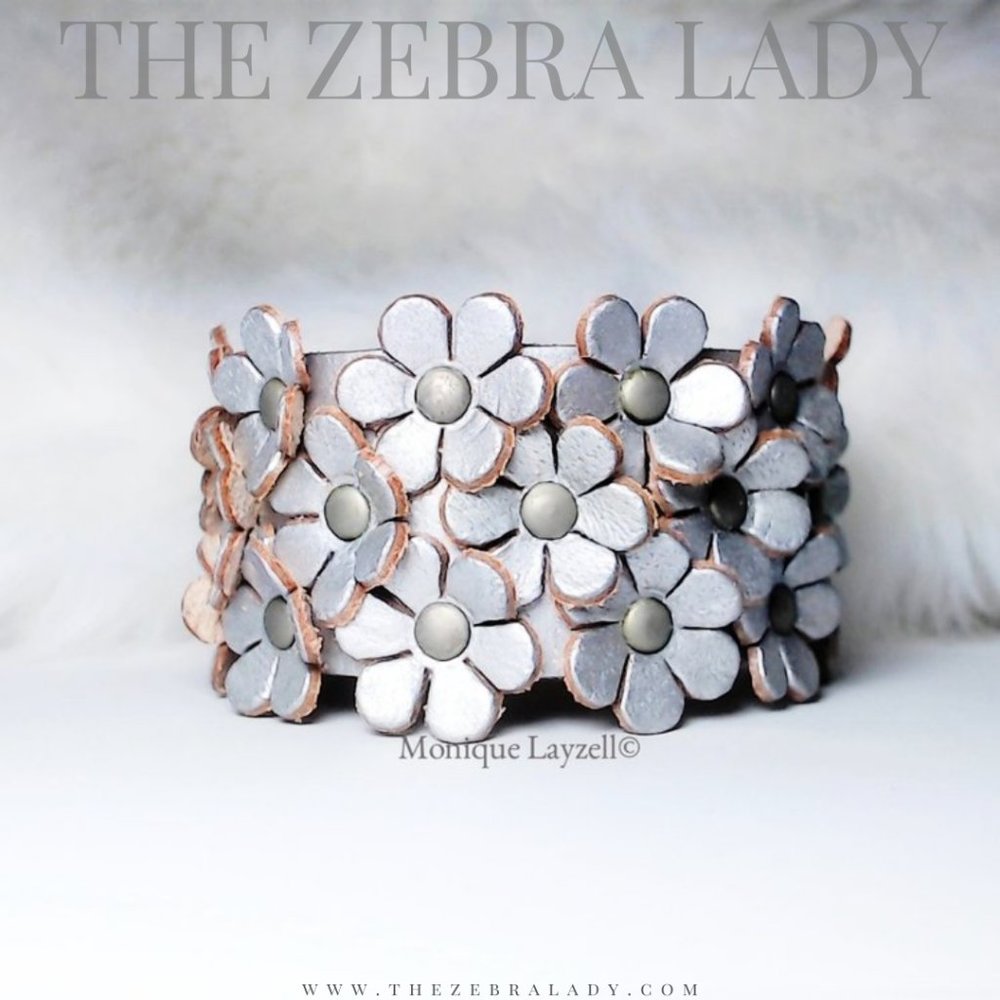 Silver Leather Flowers Bracelet